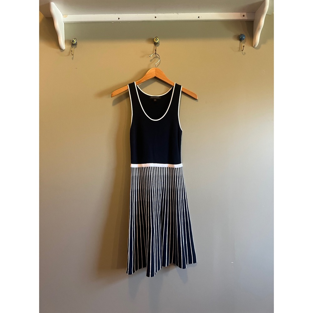 Banana Republic Petite XXS Navy Blue White Striped Knit Fit & Flare Dress